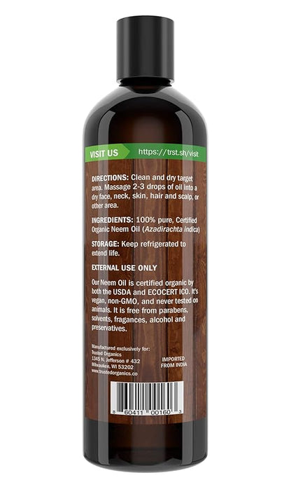 Organic Neem Oil, 100% Pure, Cold Pressed 16 Fluid Ounces