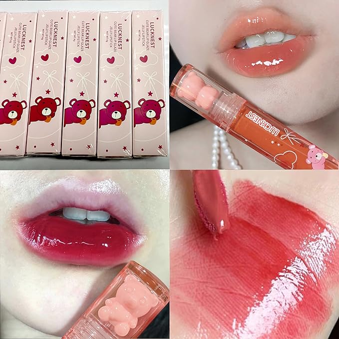 6Pcs Bear Lip Glaze Jelly Lipstick, Liquid Lipstick Cute Bear Lipgloss Moisturizing Lip Stain Plumping Water Lip Gloss Waterproof Long Lasting Cheek Rouge Tint Cosmetics Beauty Makeup