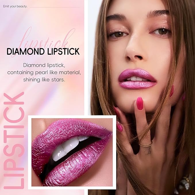 Metallic Pink Lipstick Long Lasting, High Shine Glitter Long