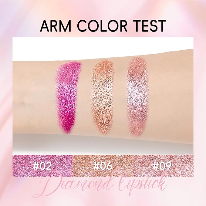 Metallic Pink Lipstick Long Lasting, High Shine Glitter Long