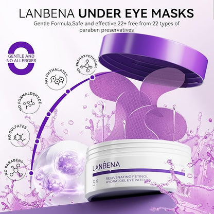 LANBENA Retinol Under Eye Patches for Dark Circles and Puffy Eyes, Cooling Eye Masks for Eye Bags, Fine Lines & Wrinkles Reduce, Anti-Aging, Hydra-Gel Collagen-30 Pairs