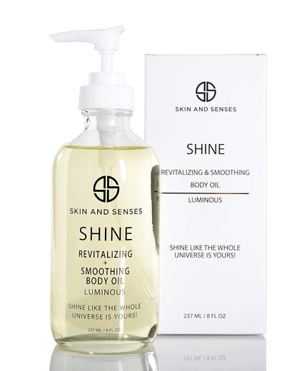 Shine Revitalizing & Smoothing Body Oil Luminous –100% Natural, plant-based ingredients Loaded with a blend of Healing Oils and Vitamin E, that deeply soothe, and moisturizes the skin.
