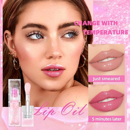 2Pcs Magic Color Changing Lip Oil,Big Brush Hydrating Glimmer Lip Oil,Long Lasting Moisturizing Smooth Non-Sticky Lip Gloss Oil Lip Balm, Fresh Lip Oil Stain Girl's Lip Care