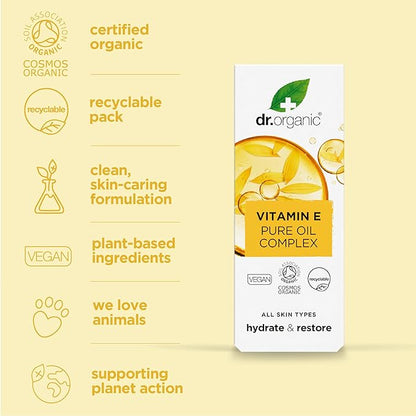 Dr. Organic Vitamin E Pure Oil Complex | Nourishes and Protects Skin, Enhances Elasticity, Natural, Certified Organic, Paraben & SLS-Free, 50 mL / 1.7 fl oz