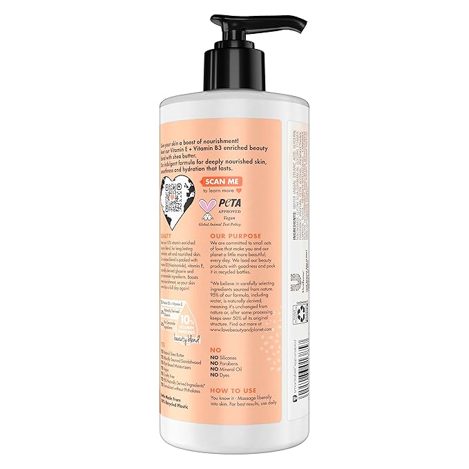 Love Beauty And Planet Lotion - Moisturizing Shea Butter and Vitamin E Lotion, Natural Body Lotion for Women, Nourishing Body Moisturizer Skin Care Scented with Sandalwood, 16 Fl Oz (Pack of 2)