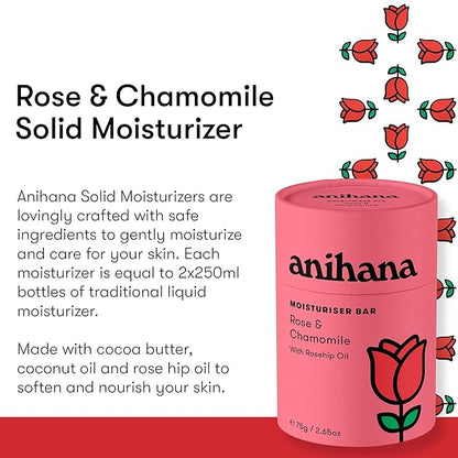 ANIHANA Solid Moisturizer Bar with Coconut Oil Hydrates and Softens Dry Skin Care Paraben Free Cruelty Free Refreshing Rose & Chamomile Scent 2.65 oz