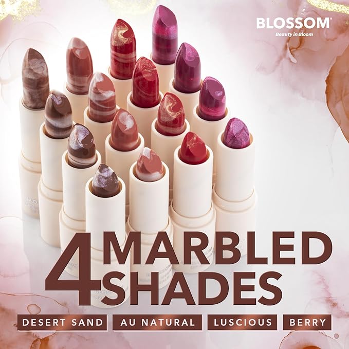 Blossom Marble Shimmer Lip Balm Moisturizing Lipstick with Shea Butter, Jojoba, Olive Oil, 0.12oz/3.5g, Desert Sand