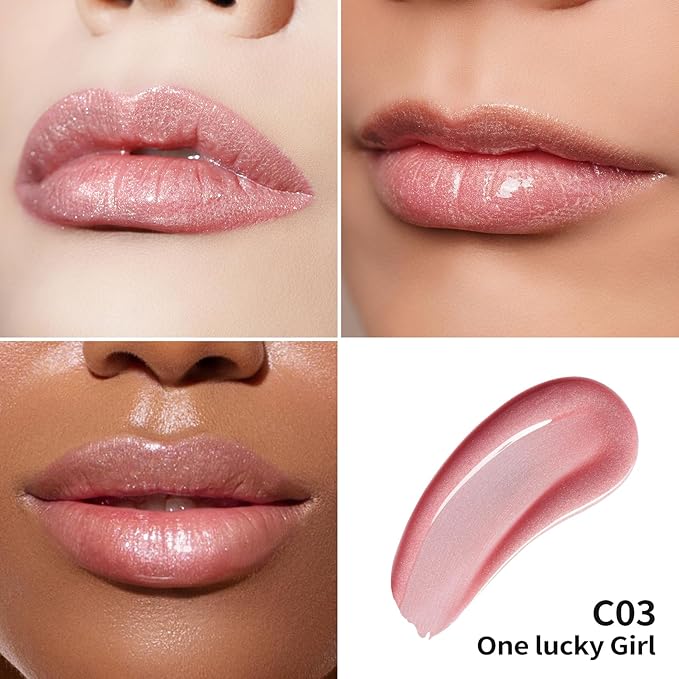 Oulac Sheer Pink Glitter Lip Gloss with Mirror Finish Moisturizing & Reduce Fine Lines Lip Oil Refuse Chapped Lips Non Sticky Lip Gloss for Girls Women, 4.5ml/0.15fl.oz,One Lucky Girl(C03)