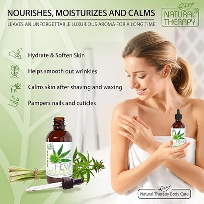 Natural Therapy Body Oil with Hemp & Lemongrass - Dry Skin Moisturizer and Hydrating Massage Oil - Increase Skin Elasticity and Provide Anti-Aging Support for Face and Body (4 fl.oz)
