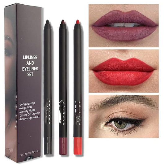 MAEPEOR Matte Lipliner and Eyeliner Kit 3 PCS Smoothly Creamy Lipliner and Eyeliner Pen Set for Daily Wear (3PCS Kit 3)
