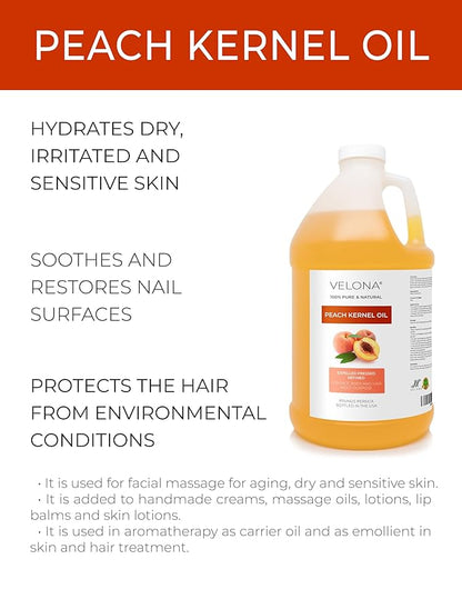 velona Peach Kernel Oil 1 Gallon / 128 Fl Oz | 100% Pure and Natural Carrier Oil | Refined, Cold pressed | Cooking, Skin, Hair, Body & Face Moisturizing | Use Today - Enjoy Results