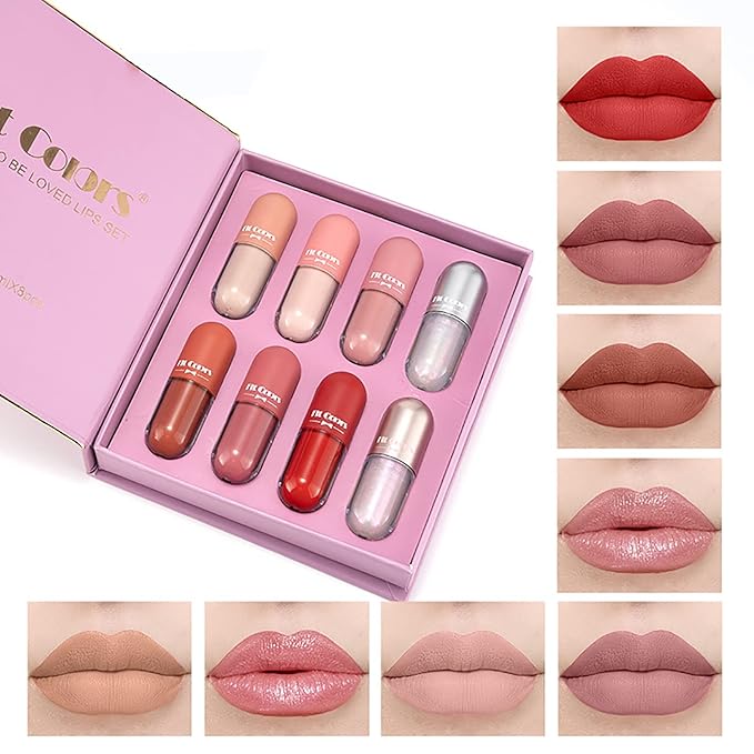 8PCS Nude Pink Lip Gloss Gift Set,Non-Fade Waterproof Liquid Lipstick,Lasting Pigmented Velvet Lipgloss Kit,Shiny Pink Matte Lipstick Set,Beauty Cosmetics Makeup Gift for Girls