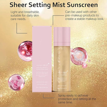 Sheer Setting Mist Sunscreen SPF 50 for Face & Body | Water-Resistant Shimmering Oil Spray | Hydrating Non-Greasy Glow Finish | Oil Control & Long Lasting（75ml）