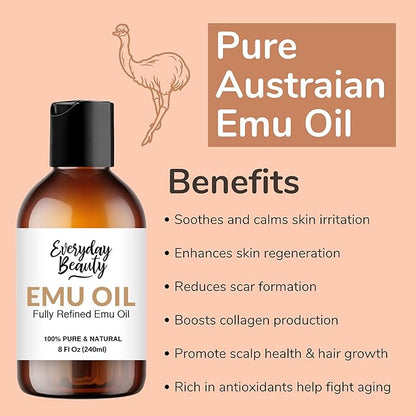 Emu Oil Bulk - 8 Fl Oz Pure & All Natural Refined Australian Emu Oil for Face, Skin and Hair - Great for Sensitive Skin and Hair Growth - For Scars and Piercings - High in Omega 3, 6 and 9 Fatty Acids