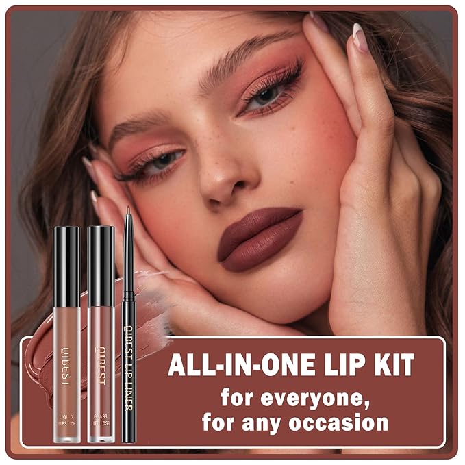 3 in 1 Lip Liner Pencil and Lipstick lipgloss Set Matte Lipstick Lip Gloss Kit Long-lasting Nonstick Cup Smudge Proof Lip Kits with Lip Liner,Moisturizing Lip Tint Lip Stain Makeup (03#Cinnamon Bun)