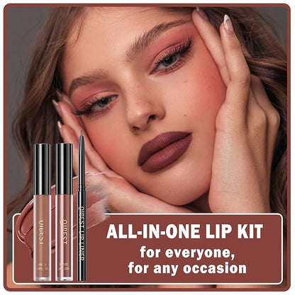 3 in 1 Lip Liner Pencil and Lipstick lipgloss Set Matte Lipstick Lip Gloss Kit Long-lasting Nonstick Cup Smudge Proof Lip Kits with Lip Liner,Moisturizing Lip Tint Lip Stain Makeup (03#Cinnamon Bun)