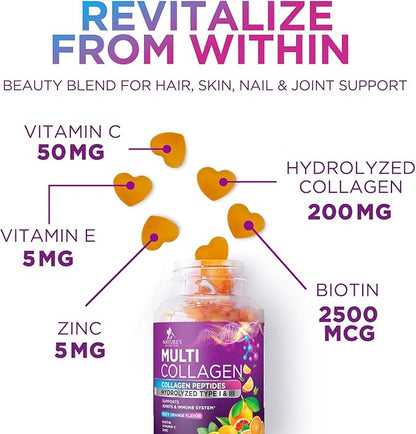 Collagen Gummies for Women with Vitamin C, Zinc & Biotin - Hydrolyzed Protein Type 1 & 3 Multi Collagen Peptides Supplement - Support for Hair, Skin, Nails & Joints, Gluten Free Complex - 60 Gummies
