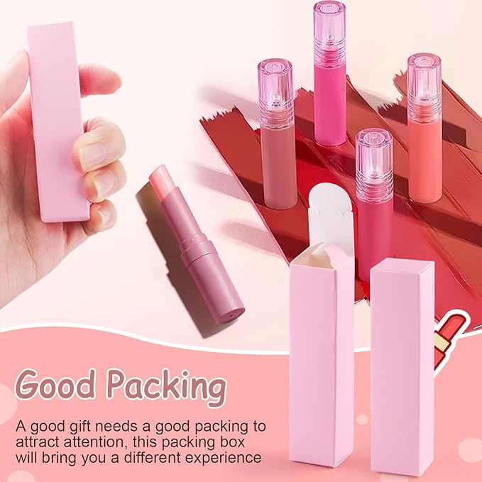 100 Pack 0.78 * 0.78 * 3.34 inch Kraft Paper Lipstick Box Rectangle Lip Balm Kraft Boxes Essence Oil Bottle Packaging Organzier for Makeup Sample Tube Storage DIY Gifts - Pink