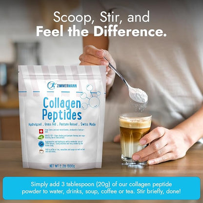 Zimmermann Collagen Peptides Powder 2.2lb 1000g, Produce of Switzerland from Swiss Grass Fed Cows, Hydrolyzed, Unflavored, for Women & Men - Hair, Skin, Nail, & Joint Support, Keto, Type I and III,