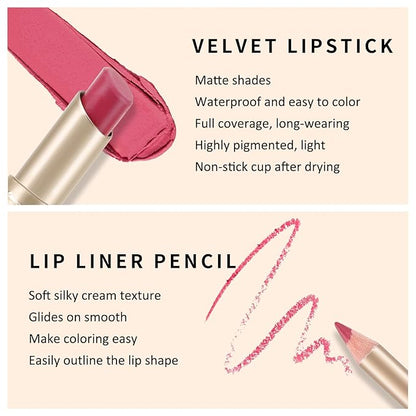 Boobeen 2 Pcs Lip Liner and Lipstick Set, Ultra-Long-Lasting