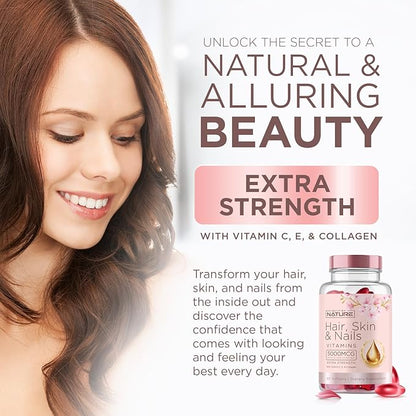 Hair Skin and Nails Vitamins – 5000mcg Biotin with Vitamin C, E, Collagen, Hyaluronic Acid, Argan & Coconut Oil – Luscious Hair Growth & Radiant Skin Supplement for Women – 60 Softgels