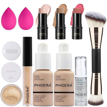 PHOERA Foundation,3 PCS Contour Stick Makeup Kit, Shades (102+Fair-Light Contour/Nude+#03,#09,#12)