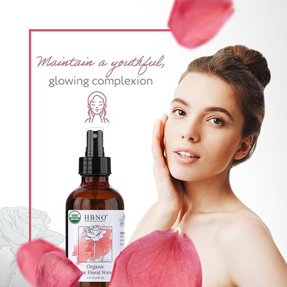 HBNO California Bottled Organic Rose Water for Face 4 fl oz (120ml) - USDA Certified Organic Rose Water Spray for Face - Pure Rose Water for Hair - Rosewater Face Mist, Rose Water Spray for Cleansing