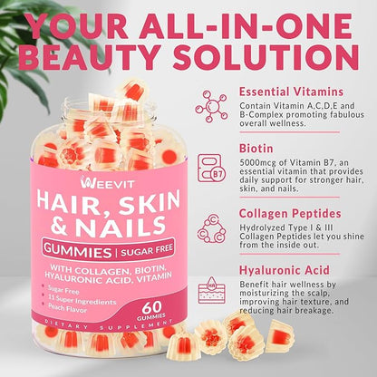 Hair Skin and Nails Gummies - Vegan Biotin 5000mcg Vitamins for Women & Men Supports Faster Hair Growth, Stronger Nails, Glowing Skin