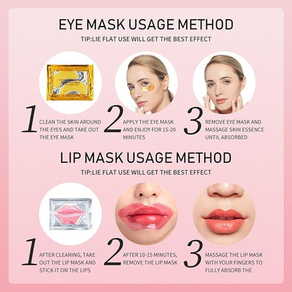 32 Pairs Lip Masks with Eye Mask, 24K Collagen Under Eye Patches for Dark Circles and Puffy Eyes, Reduce Lip Wrinkles, Anti Chapped & Remove Lip Dead Skin, Nourishes the Lip & Eye Skin (32)