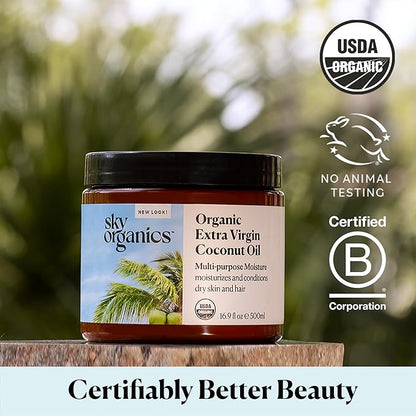 Sky Organics - Organic Extra Virgin Coconut Oil for Skin & Hair, 16.9 fl oz - Multipurpose Hair Oil & Body Moisturizer - Vitamins, Antioxidants & Fatty Acids - Vegan, Cruelty Free - w ebook