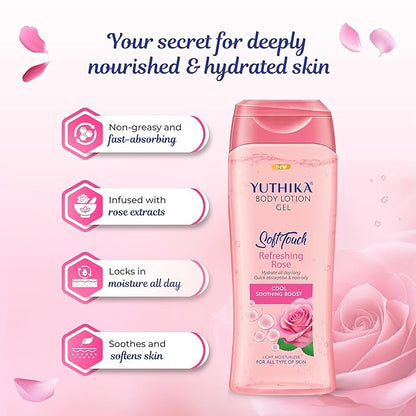 Yuthika Body Lotion Gel Refreshing Rose 300ml Pack of 1, Soft Touch Gel Body Lotion for Summer, Winter, Light Moisture for Face and All Skin Types, Rose Body Lotion