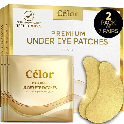 CÉLOR Under Eye Patches Premium - Golden Under Eye Mask Enriched with Hyaluronic Acid, Caffeine, Tea Tree & Collagen, Under Eye Patches for Puffy Eyes, Dark Circles and Puffiness (14 Pairs)