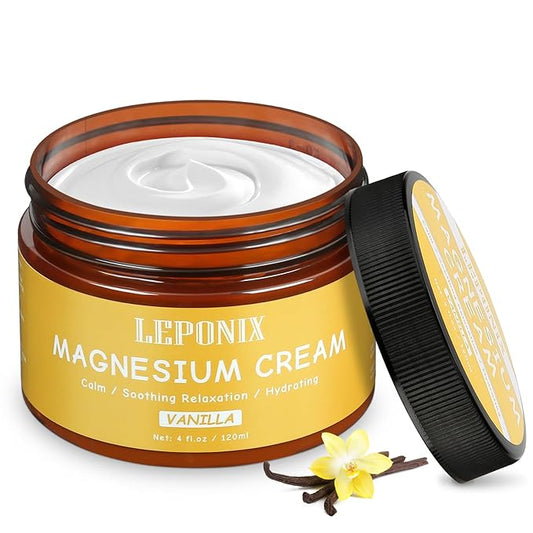 LEPONIX Magnesium Cream for Sleep - Topical Magnesium Lotion for Muscle Relaxation, Leg Cramps, Pain Relief & Better Sleep, Soothing Magnesium Body Butter for Adults & Kids (120ml, Vanilla)