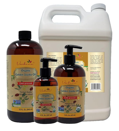 Verdana Organic Golden Jojoba Oil – 16 fl oz with Pump - USDA, Non GMO - Cold Pressed, Unrefined, Hexane Free - Bulk, Moisturizing Oil for Skin, Body, Face, Hair, Scalp, Nails and Cuticles