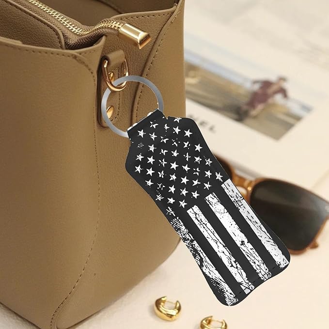 Black American Flag Chapstick Holder Keychain, Portable Lip Flag