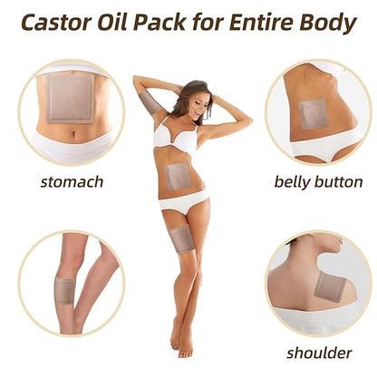 50Pcs Castor Oil Pack Wrap with 16oz castor oil Organic Cold Pressed Unrefined Glass Bottle,Disposable castor Oil Patches for Belly Button,Stomach,Knee,Feet,Entire Body