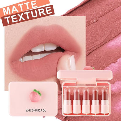 5 Colors Nude Matte Lipstick Set,Smooth Velvety Lip Long