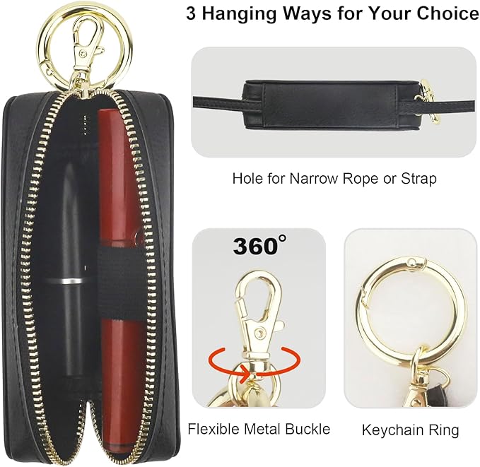 Bocasal Leather Lipstick Case Holder Chapstick Keychain Pouch, Zipper Lip Balm Lip Gloss Bag for Purse with Key Chain Elastic Band, Makeup Travel Organizer Cosmetic Storage Kit for Women Girls (Black)