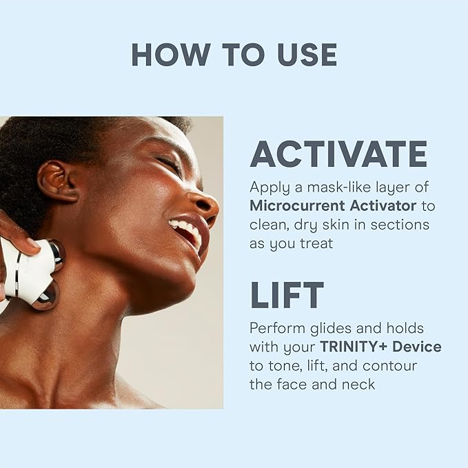 NuFACE TRINITY+ Microcurrent Facial Device Kit - FDA Cleared Face Sculpting & Neck Tightening Device to Contour Cheeks & Brows + Microcurrent Gel Activator & Silk Creme