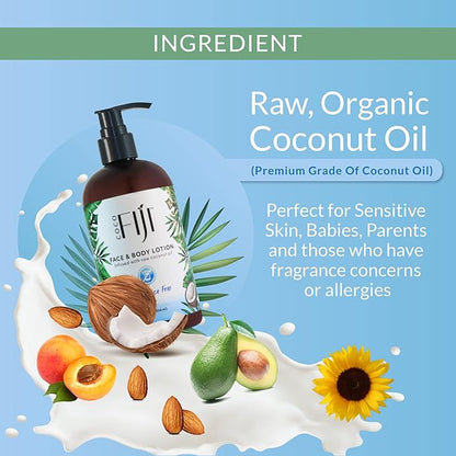 Coco Fiji Face & Body Lotion Infused With Coconut Oil | Lotion for Dry Skin | Moisturizer Face Cream & Massage Lotion for Women & Men | Fragrance Free 12 oz, Pack of 1