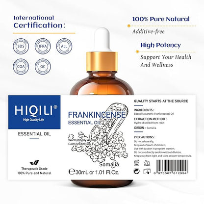 HIQILI 30ML Frankincense Essential Oil, Relaxing, Skin Care, Camp Atmosphere Creation, Can be Added to Body Lotions, Creams, Aromatherapy Use - 1 Fl Oz