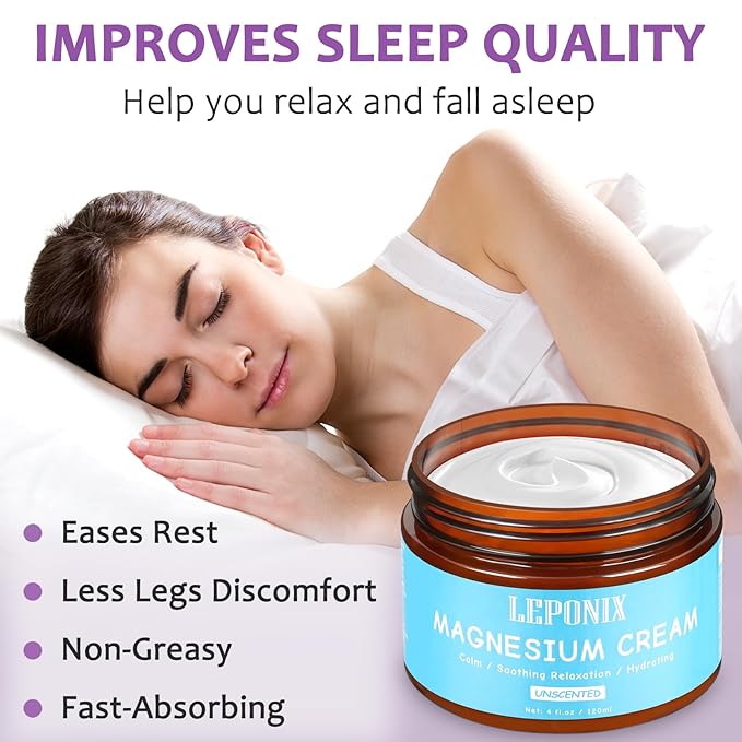 LEPONIX Magnesium Cream for Sleep - Topical Magnesium Lotion for Muscle Relaxation, Leg Cramps, Pain Relief & Better Sleep, Soothing Magnesium Body Butter for Adults & Kids (120ml, Unscented)