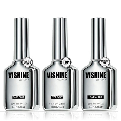 Vishine 3PCS 16ml Top Coat, Builder Gel and Base Coat Set, No Wipe Gel Top Coat Base Gel Builder Extension Gel for Nails Art Long Lasting Nail Protection Soak Off LED Gel
