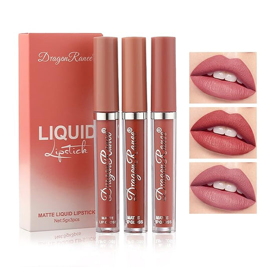 3 Colors Nude Matte Lipstick Set Liquid Lipstick Velvet Nude Pink Lipstick Lip Stain Long Lasting Waterproof,Non-Stick Cup Not Fade Lip Gloss Lipstick for Women Lip Makeup Lip Stick Set B