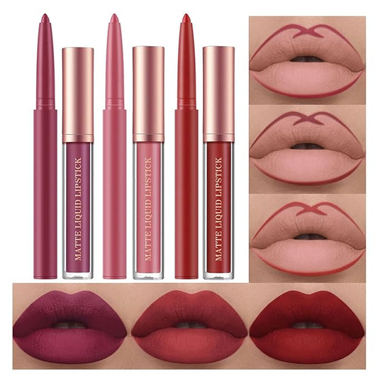 URQT Lip Liner and Lipstick Set, 6pcs Long Lasting Matte Liquid Lipsticks + 6 Matching Smooth Lip Liners, Waterproof, Full Coverage, Gift Set