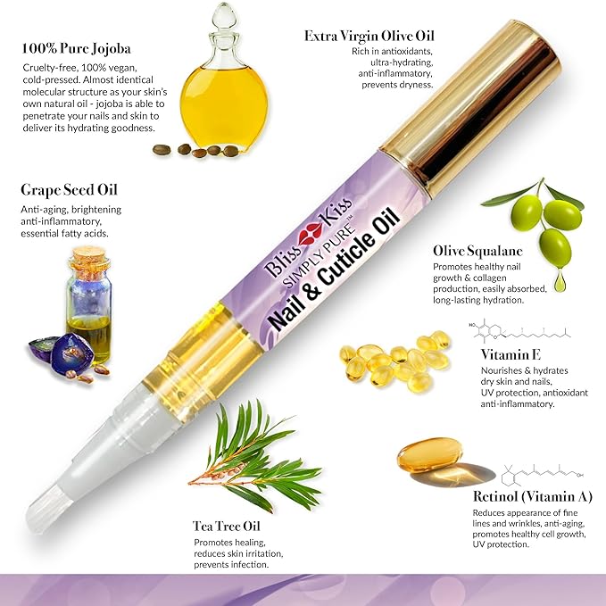 Bliss Kiss | 1 Lavender Vanilla | Nail Oil Cuticle Pen w/Vitamin E & Jojoba⏤Nail Strengthener Nail Growth Serum for Brittle Peeling Breaking Thin Nails