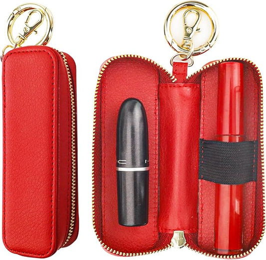 Bocasal Leather Lipstick Case Holder Chapstick Keychain Pouch, Zipper Lip Balm Lip Gloss Bag for Purse with Key Chain Elastic Band, Makeup Travel Organizer, Cosmetic Storage Kit for Women Girls (Red)