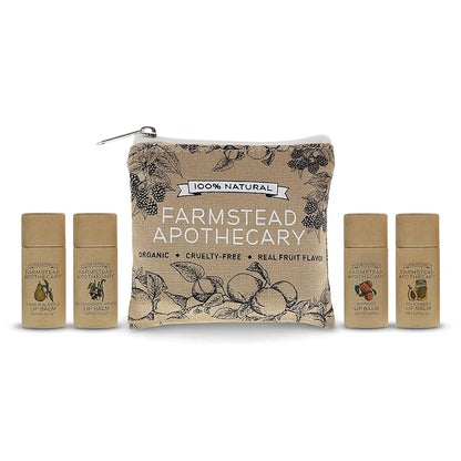 Farmstead Apothecary Lip Balm Gift Set with Pouch - Reusable Pouch Includes 4 -.2 oz Lip Balms - Boysenberry Vanilla, Fig & Honey, Pear & Almond , Apricot ,1 each. 100 % Natural, 99% Organic