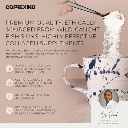 CORREXIKO Marine Collagen Powder Supplement Unflavored - 1kg & 5oz Bundle - 10,000mg Double Hydrolyzed Collagen Peptides per Serving - Formulated for Maximum Absorption - Hair, Skin & Nails
