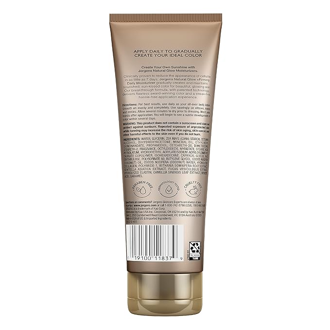 Jergens Natural Glow +FIRMING Self Tanner Body Lotion, Fair to Medium Skin Tone, Sunless Tanning Moisturizer with Collagen and Elastin. Helps to Visibly Reduce Cellulite, 7.5 Fl Oz (Pack of 2)